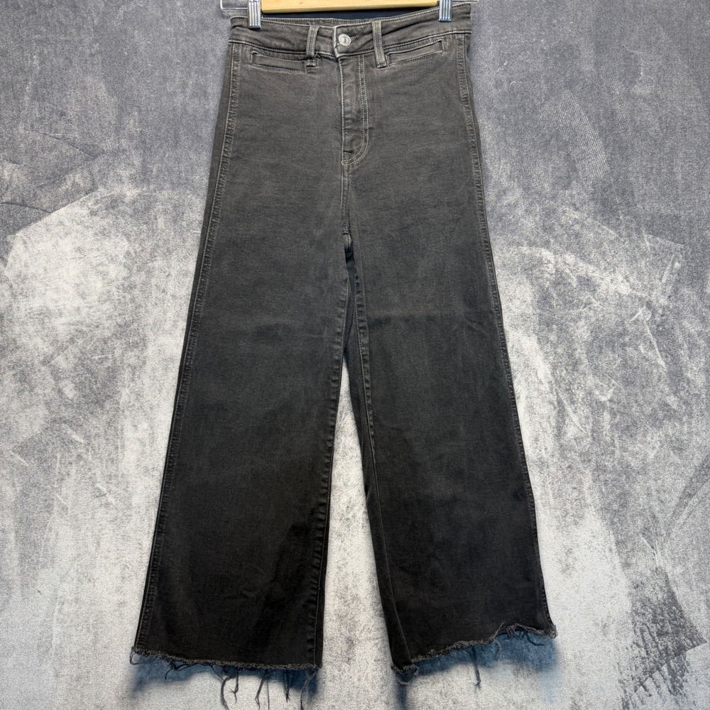 H&M Jeans Womens 2 Black Cotton Culotte Wide Leg High Rise Raw Hem Casual